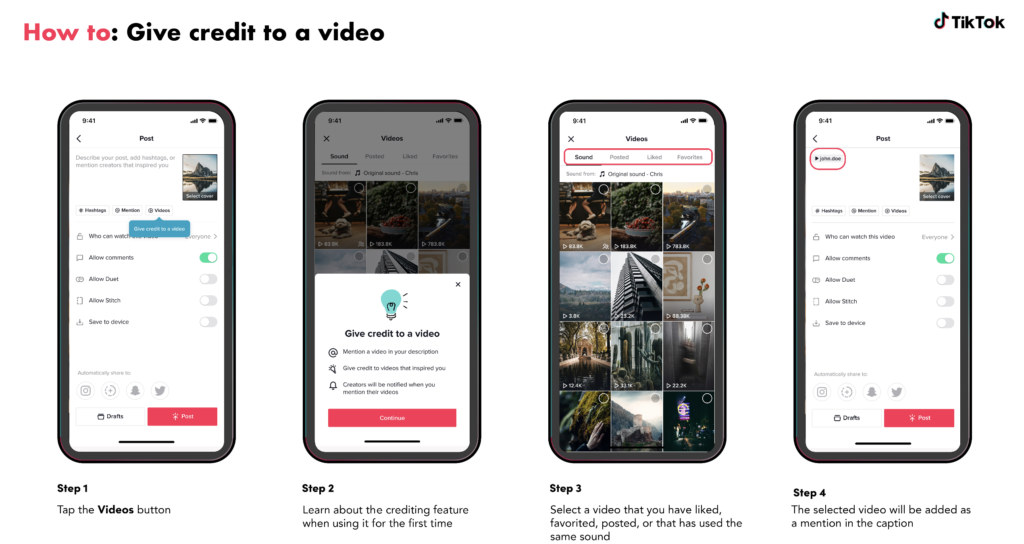 Screenshot of the Steps for Giving Credit to a Video on TikTok