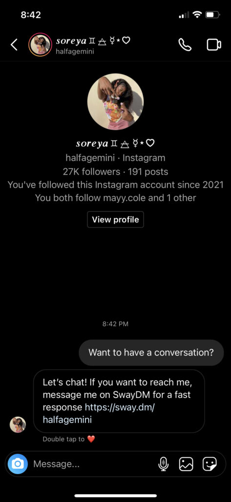 Screenshot of an auto-reply message setup on someones instagram that shows their auto-reply to a new DM