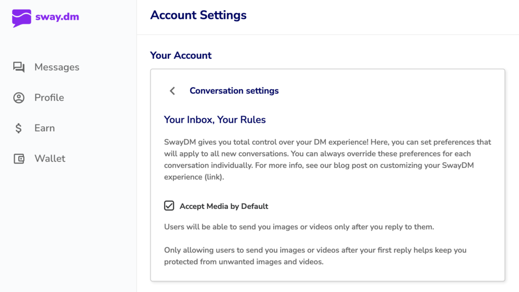 Screenshot of a SwayDM account settings showing a user how to turn on "accept media by default" setting