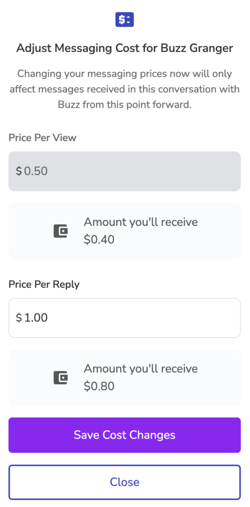 Screenshot of a SwayDM account adjusting pricing for an individual conversation 