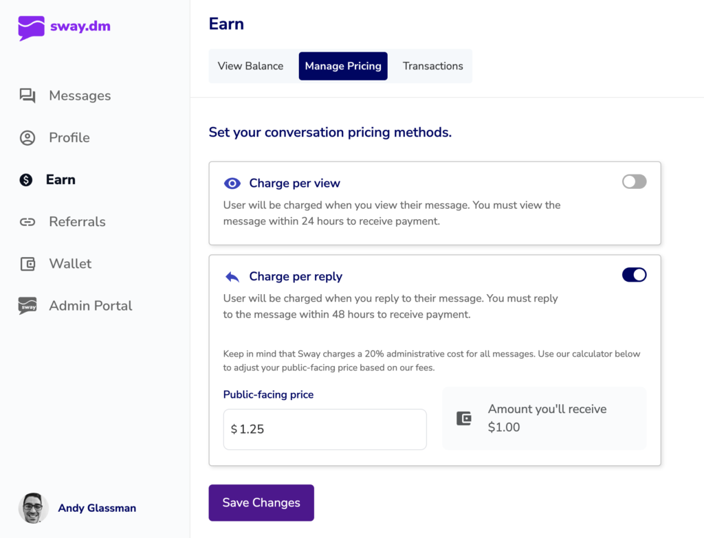 Screenshot of the Earn tab in SwayDM where users can adjust their price per DM
